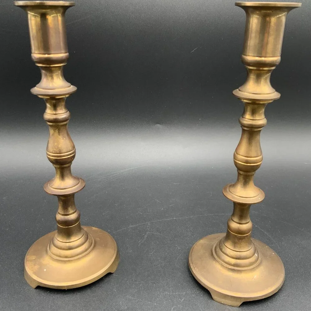 Vintage Pair Of 8.25” Brass Candlestick Holders Mid Century Made In Hong Kong